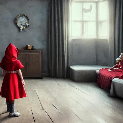 Image similar to big bad wolf and red riding hood talking in grandma’s living room, 3d scene, render, ultra realistic, zenith view, Greg Rutkowski, artstation, cgsociety, unreal engine, 3d scene, render, ultra realistic