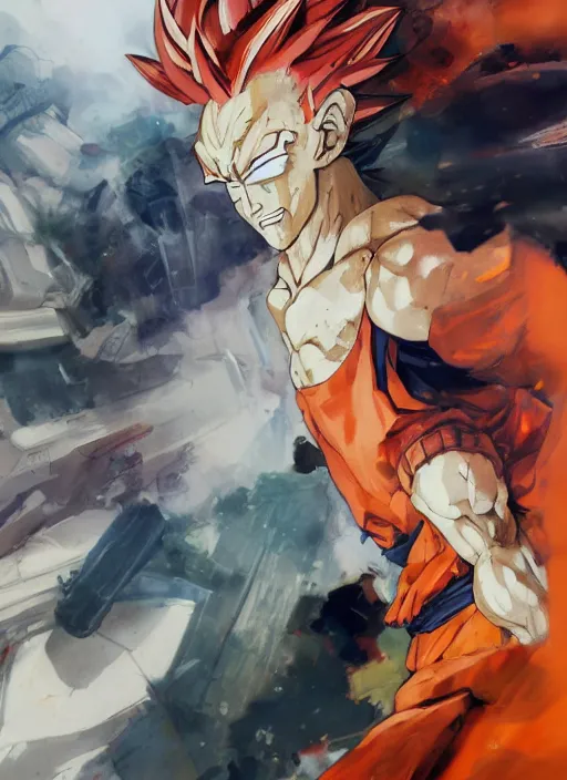 Image similar to semi reallistic gouache gesture painting, by yoshitaka amano, by ruan jia, by Conrad roset, by dofus online artists, detailed anime 3d render of goku super sayian3 , goku, portrait, cgsociety, artstation, rococo mechanical, Digital reality, sf5 ink style, dieselpunk atmosphere, gesture drawn