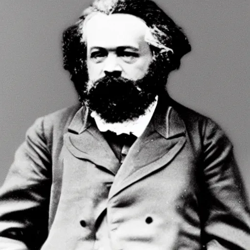 Image similar to Karl Marx dressed as a Starbucks Barista, photograph