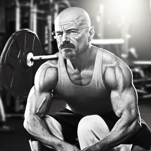 Image similar to “photograph of Walter white working out at the gym, 50mm bokeh, studio lighting, golds gym,”