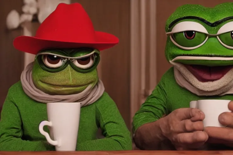 Prompt: pepe the frog in a tony montana costume drinking coffee in the office, 8 0 s style, cinematographic photo