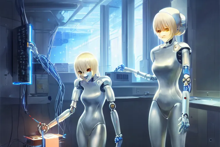 Image similar to datacenter room connects cables young robot server android baroque oil painting finely detailed perfect face flowing long fiberoptics blonde hair robot eyes blue. anime shinkai takeuchi key visual of character concept art metal female robot body suit pixiv fanbox, painted by greg rutkowski