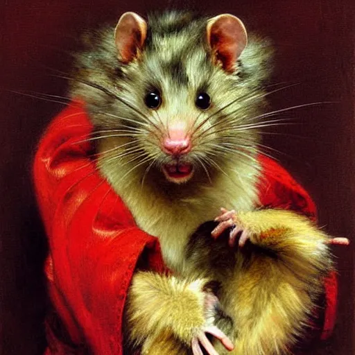 Image similar to a portrait of a furry rat wearing a red kimono, hairy, furry body, furry arms, feet, tail. highly detailed painting by gaston bussiere, craig mullins, j. c. leyendecker, furry