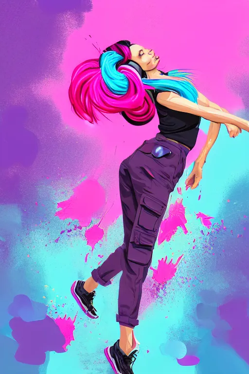 Image similar to a award winning half body portrait of a beautiful woman in a croptop and cargo pants with ombre purple pink teal hairstyle with head in motion and hair flying listenin to music on headphones by wlop, paint splashes and splatter, outrun, vaporware, shaded flat illustration, digital art, trending on artstation, highly detailed, fine detail, intricate