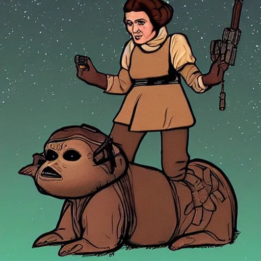 Image similar to Admiral Akbar as Princess Leia riding an Ewok