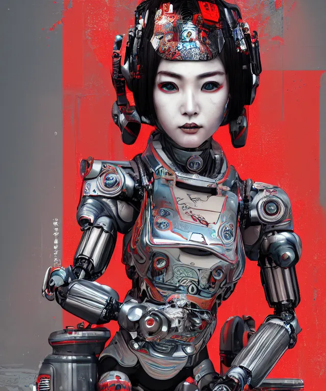 Image similar to an epic fantastic realism comic book style portrait painting of a japanese robotic geisha with kanji tattoos and decals, apex legends, octane render, intricate detail, 4 k hd, unreal engine 5, ex machina, irobot