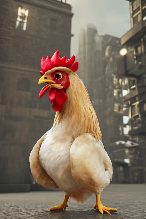 Image similar to a chicken wearing a formal overcoat, hyperrealistic, concept art, octane render, unreal engine 5, trending on artstation, high quality, highly detailed, 8 k, soft lighting, path traced, high coherence, digital art, beautiful, elegant clothes, trending on deviantart, masterpiece