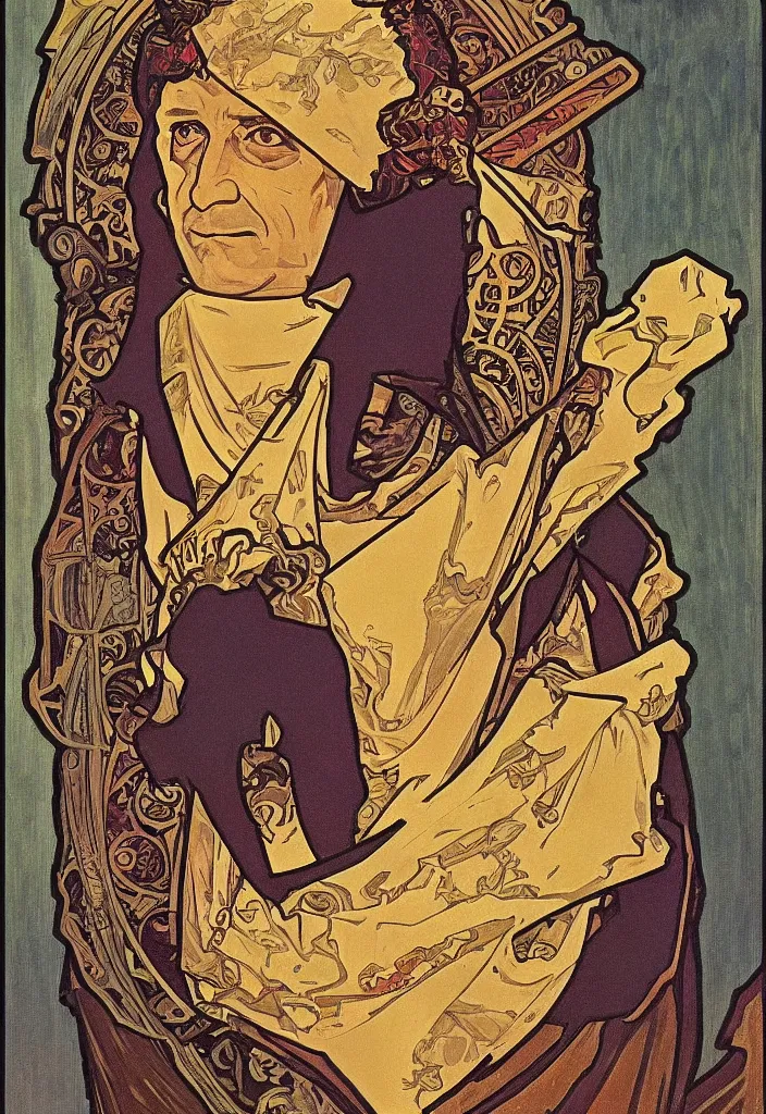 Image similar to geoffrey hinton as the emperor on a tarot card, tarot in art style by alphonse mucha