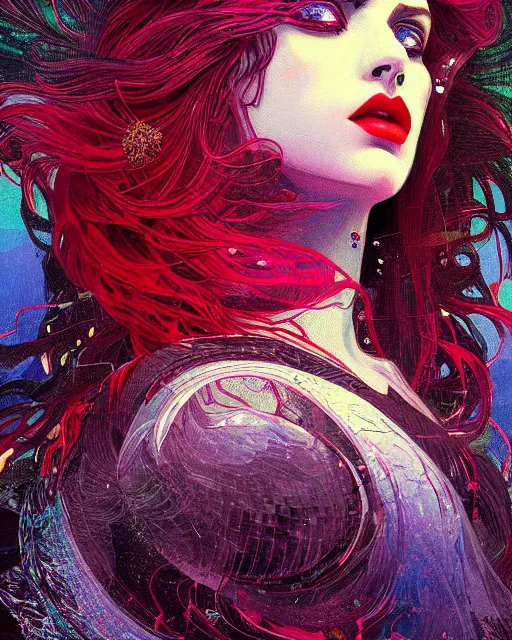 Image similar to glitch art close up portrait intense vampire, flowing hair, glitches, vaporwave, highly detailed, very intricate, graphical errors, art deco, neon glitch, chromatic aberration, harsh lighting, award - winning, unreal engine 5, illustration by mandy jurgens and alphonse mucha and alena aenami, black and red, featured on artstation