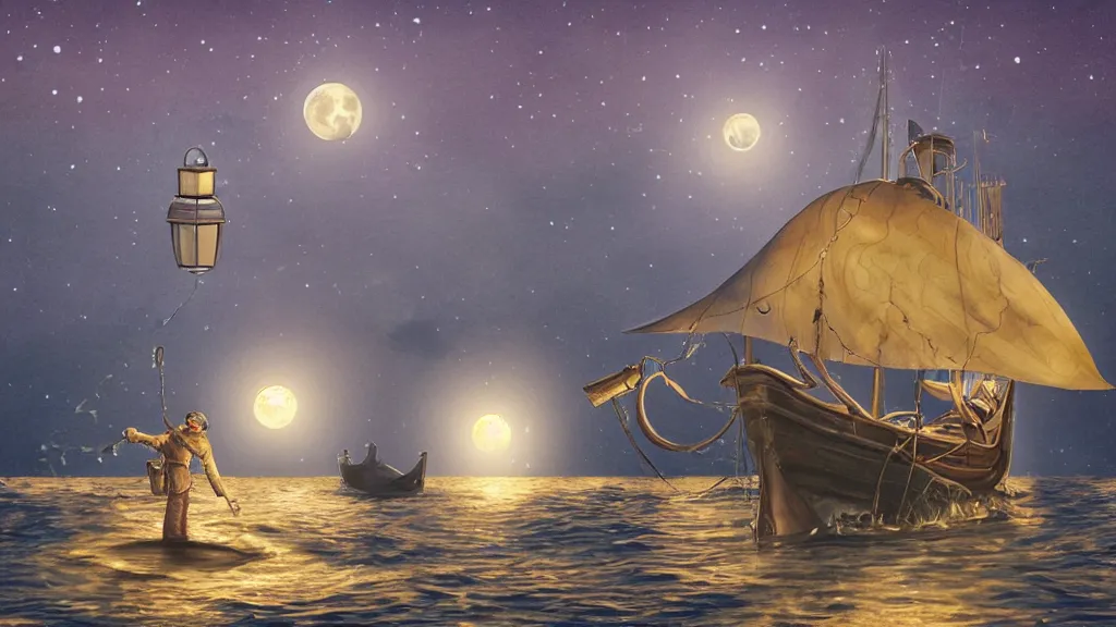 Image similar to a giant anglerfish at the surface of the water meets a sailor with a lantern on a sloop, background with large full moon and purple sky, intricate, accurate details