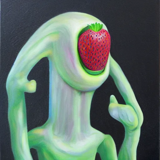 Prompt: a creep strawberey creature, oil in canvas,