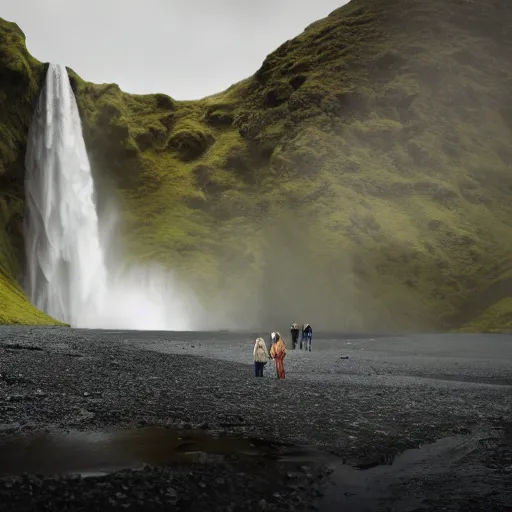 Prompt: a couple by icelandic waterfall Skógafoss, artstation, concept art, unreal engine, 8k, photorealistic