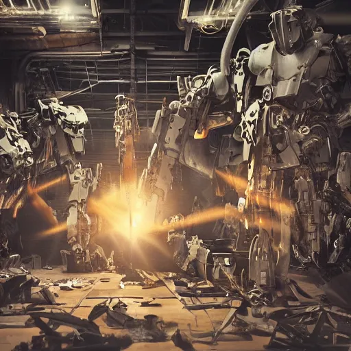 Image similar to cutlery mecha, dark messy smoke - filled cluttered workshop, dark, dramatic lighting, orange tint, cinematic, highly detailed, sci - fi, futuristic, movie still