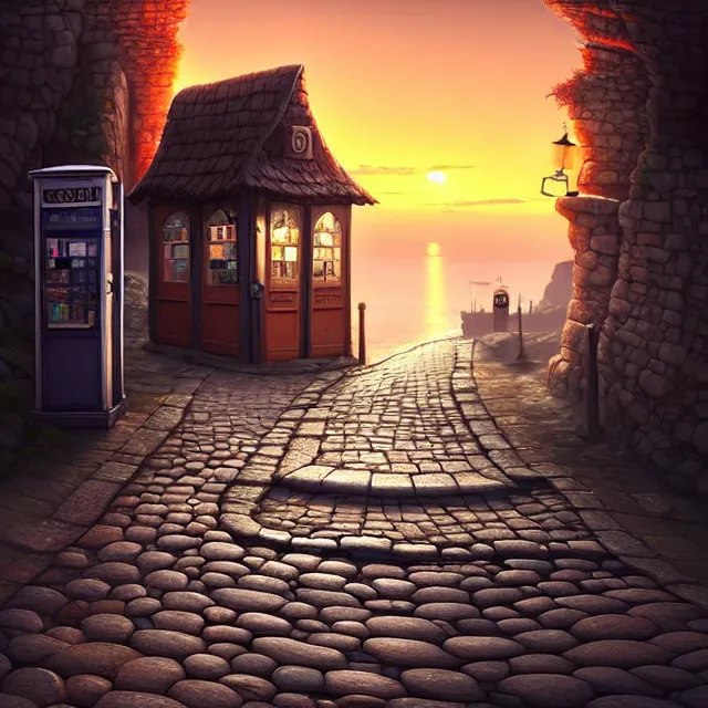 Prompt: epic professional digital art of a lonely cobblestone street with a kiosk on a cliff over the sea at sunset, best on artstation, cgsociety, wlop, Behance, pixiv, astonishing, impressive, outstanding, epic, cinematic, stunning, marketing design, gorgeous, much detail, much wow, masterpiece.