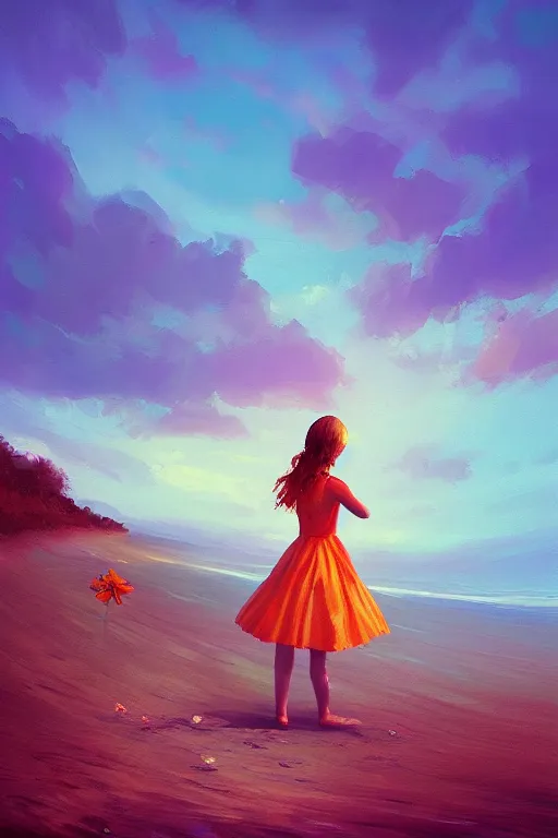 Image similar to closeup huge dahlia flower head, girl with dress on beach, surreal photography, blue sky, sunrise, dramatic light, impressionist painting, digital painting, artstation, simon stalenhag