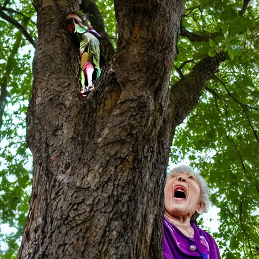 Image similar to elderly woman stuck up a tree, screaming, canon eos r 3, f / 1. 4, iso 2 0 0, 1 / 1 6 0 s, 8 k, raw, unedited, symmetrical balance, wide angle