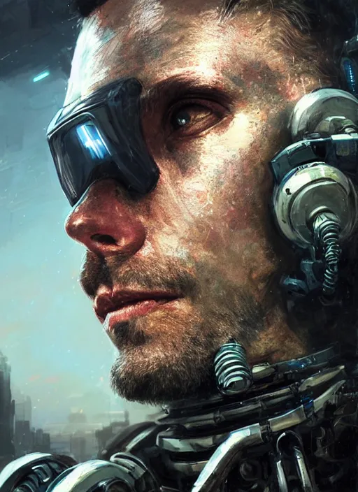 Image similar to handsome man half covered face with cybernetic enhancements as seen from a distance, scifi character portrait by greg rutkowski, esuthio, craig mullins, 1 / 4 headshot, cinematic lighting, dystopian scifi gear, gloomy, profile picture, mechanical, half robot, implants, solarpunk