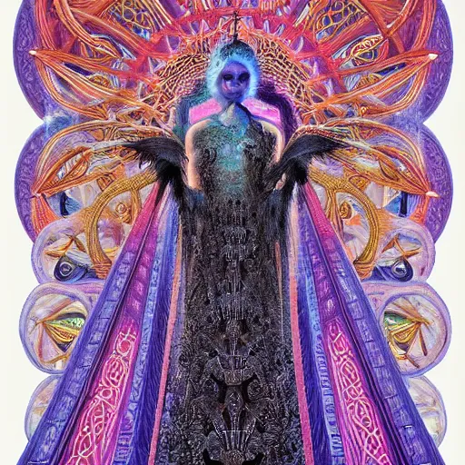 Image similar to 3 d goddess minerva, medium shot portrait. beautiful hyperrealistic intricate highly detailed and richly embroidered with esoteric symbols gown, surrounded by stacks of books bioluminescent, curious, plasma,, artwork by alex grey and salvador dali