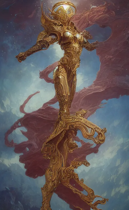 Image similar to playing card of ascending full body redhead goddess , intricate armor, highly detailed, glowing, action pose, cinematic, Art Deco, gold filigree, ethereal, artgerm, alfonso mucha, zdzisław beksiński, Andrei ryabovichev, Shaun tan, Chriss foss, Peter mohrbacher, 8k