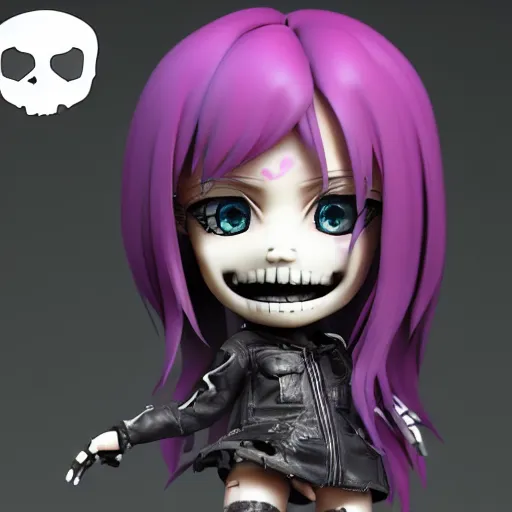 Image similar to portrait of a grungy skull anime and chibi very cute doll by super ss, cyberpunk fashion, nendoroid, kawaii, cyberpunk fashion, character modeling, maximalist sculpted design, toy design, substance 3 d painter, vray, soft vinyl, trending in artstation