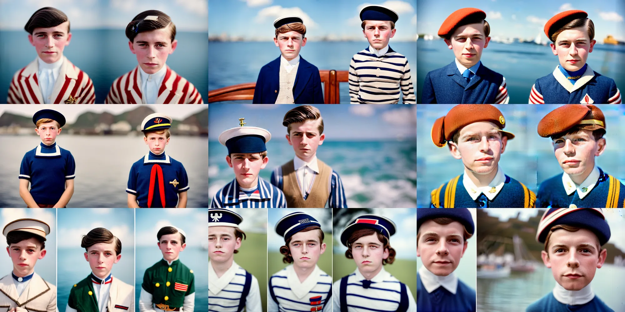 Prompt: kodak portra 4 0 0, 8 k, highly detailed, wes anderson style, press award winning colour portrait of a cute handsome 8 year old sailor boy has no time, sun, clouds, up face with 1 9 2 0 s hairstyle, 1 9 2 0 s style, asymmetrical, hasselblad