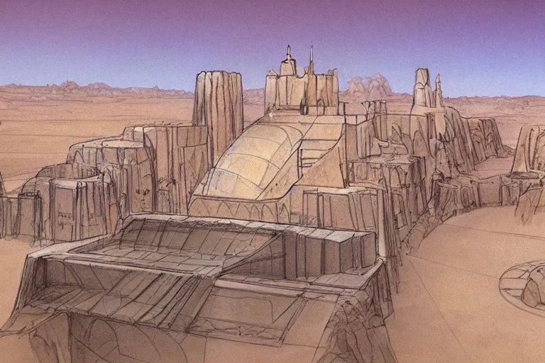 Image similar to desert palace concept sketch by joe johnston and nilo rodis - jamero and ralph mcquarrie and norman reynolds