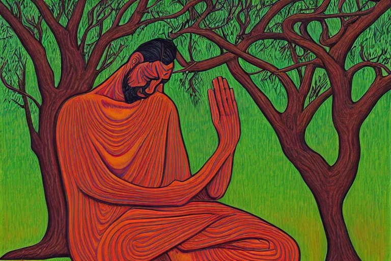 Prompt: painting of a depressed man meditating under a tree by alex grey, acrylic art, sad, soothing, somber, elegant, soft light,