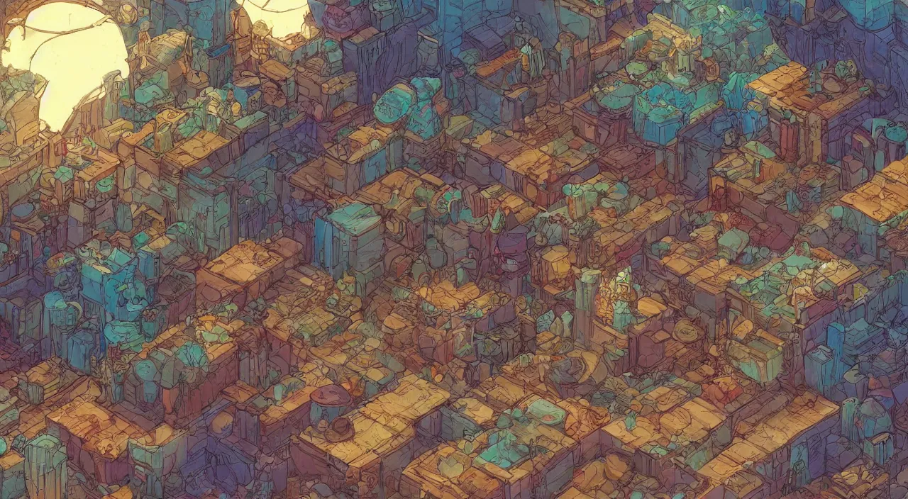 Prompt: arabian marketplace vivid tissu color fabric greeble block jungle dirt ground wood wall fortress volume lighting shine shadow that looks like it is from borderlands and by feng zhu and loish and laurie greasley, victo ngai, andreas rocha, john harris