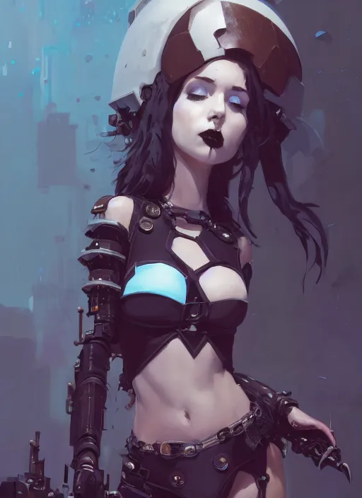 Image similar to portrait of cute goth girl in cyber bikini armor, warhammer, cyberpunk, by atey ghailan, by greg rutkowski, by greg tocchini, by james gilleard, by joe fenton, by kaethe butcher, by gustav klimt, dynamic lighting, gradient light blue, brown, blonde cream and white color in scheme, grunge aesthetic