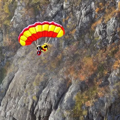 Prompt: a hairy dog jumping from a cliff with a parachute