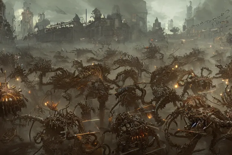 Prompt: steampunk army fighting a horde of crazy killer cyborg lovecraftian creatures, 3d scene, render, ultra realistic, zenith view, Greg Rutkowski, artstation, cgsociety, unreal engine, ray tracing, detailed illustration, hd, 4k, digital art, overdetailed art, concept art, complementing colors, Trending on artstation, deviantart