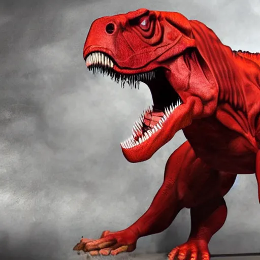 Image similar to a muscular tyrannosaurus Rex firefighter,