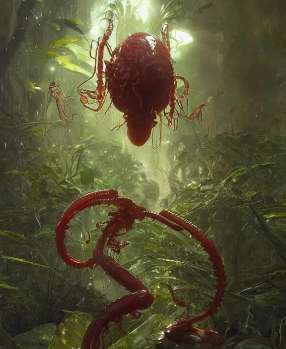 Prompt: portrait of a wet slimy alien insect creature, adorable, childlike, overgrown environment, ultra realistic, concept art, psychedelic, photorealistic, octane render, 8 k, unreal engine. art by christopher marley and artgerm and greg rutkowski and alphonse mucha