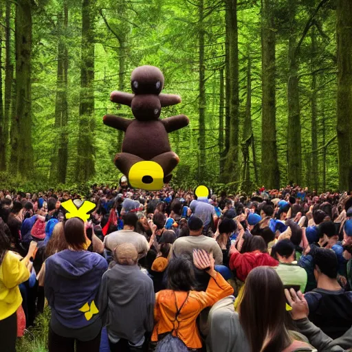 Image similar to photograph of a group of people worshipping a giant pikachu in a forest