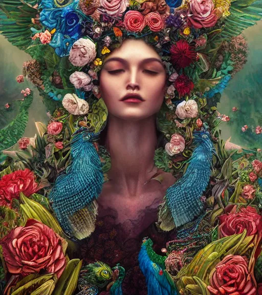 Image similar to portrait of a quetzalcoatl, surrounded by flowers by karol bak, james jean, tom bagshaw, rococo, trending on artstation, cinematic lighting, hyper realism, octane render, 8 k, hyper detailed, ink by frank miller