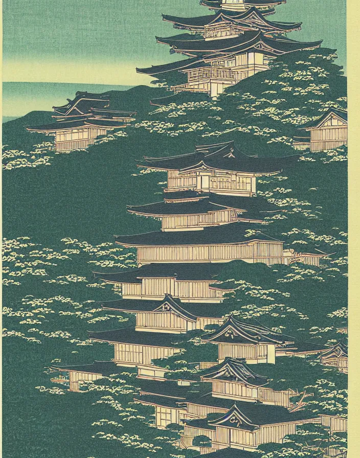 Image similar to a building in a stunning landscape japanese woodblock print by Hasui Kawase