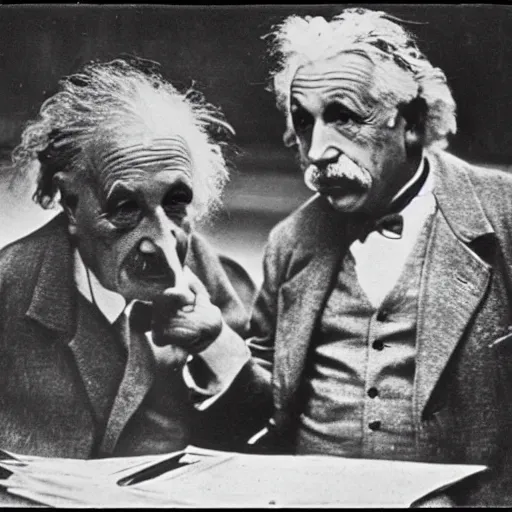 Image similar to vintage photo of Einstein and Thomas Edison fighting