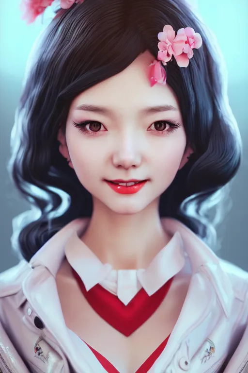 Image similar to a pin up and beautiful fashion and dreamlke loveable chic japan girl, charming smile, by artgerm lau & jeehyung lee & wlop, hyperdetailed, 8 k realistic, symmetrical, frostbite 3 engine, cryengine, dof, trending on artstation, beautiful lighting, digital art,