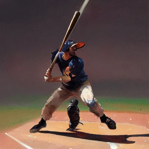 Image similar to baseball player hitting the ball with the baseball bat in the middle of the game and in front of everyone in the stadium, james gurney painting style, greg rutkowski, artstation