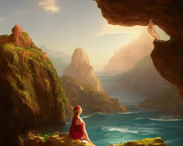 Prompt: an oil painting of a woman sitting on a rock overlooking an island, a digital painting by thomas cole, cgsociety, metaphysical painting, 2 d game art, storybook illustration, detailed painting