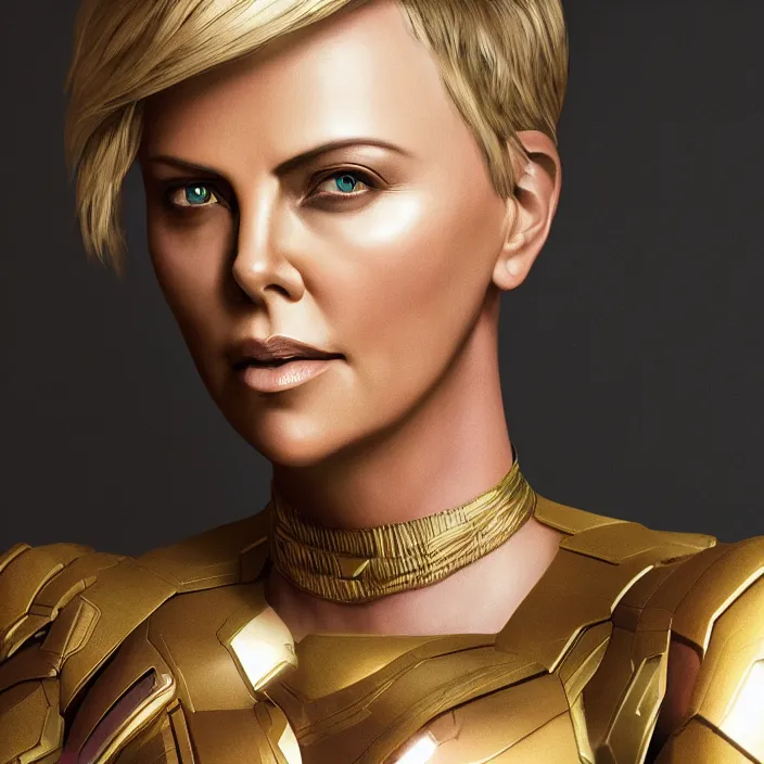 Prompt: portrait of Charlize Theron, wearing The Infinity Gauntlet. intricate artwork. octane render, trending on artstation, very coherent symmetrical artwork. avengers. thanos. cinematic, hyper realism, high detail, octane render, 8k, iridescent accents