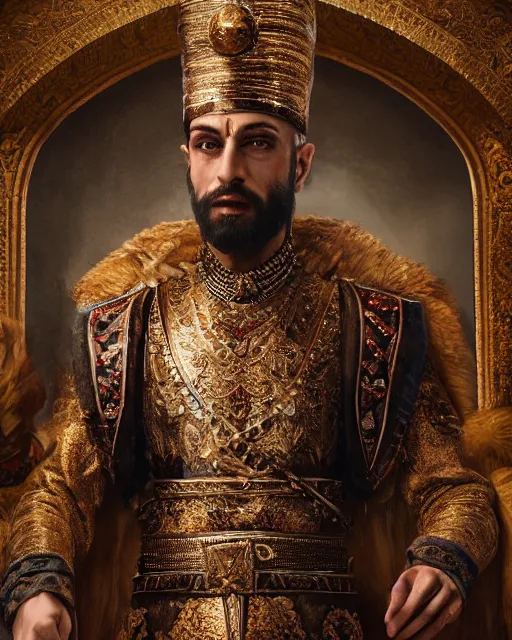 Image similar to xerxes of persia, oil painting, by, by, by, epic, intricate, octane render, matte, highly detailed, amazing lighting, big budget movie still, smooth, sharp, 8 k