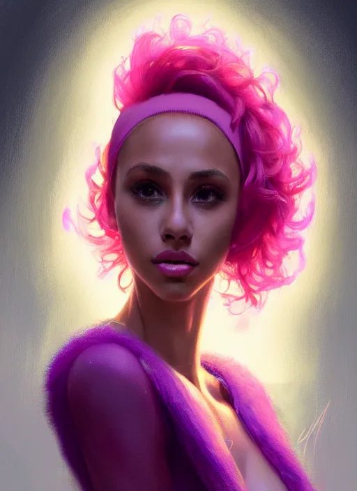 Image similar to portrait of vanessa morgan with bright pink hair, curly pixie cut hair, wearing a purple cap, intricate, elegant, glowing lights, highly detailed, digital painting, artstation, concept art, smooth, sharp focus, illustration, art by wlop, mars ravelo and greg rutkowski