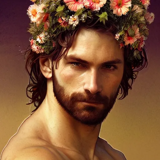 Image similar to portrait of the god of the meadow, 30 years old, meadow, flower crown, rugged, male, gorgeous, detailed face, amazing, hairy torso, muscular, intricate, highly detailed, digital painting, artstation, concept art, sharp focus, illustration, art by greg rutkowski and alphonse mucha