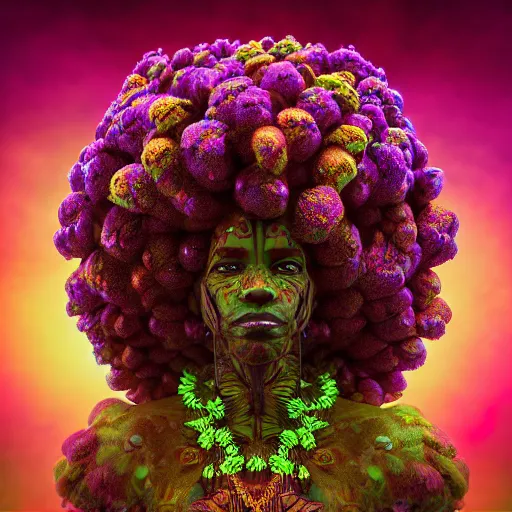 Image similar to an african marijuanna shaman with an afro made of flowers, third eye art art by machina infinitum, complexity from simplicity, rendered in octane, mandelbulb 3 d, ambient occlusion, macro photography, felt!!! texture, tribal, neon! retrowave