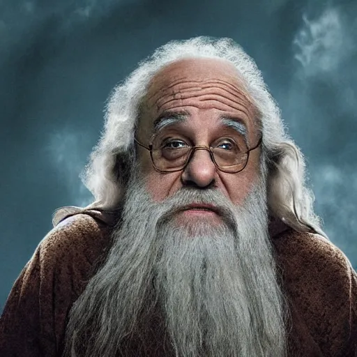 Image similar to movie still of danny devito starring as gandalf the white in the 2 0 2 4 lord of the rings movie, full body, hyper realistic, high quality