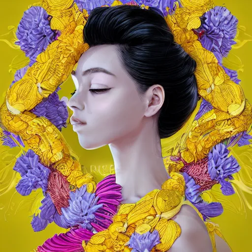 Image similar to the portrait of an incredibly beautiful, graceful, and elegant woman made of bananas and petals, an ultrafine detailed illustration by kim jung gi, irakli nadar, intricate linework, bright colors, final fantasy, behance contest winner, angular, unreal engine 5 highly rendered, global illumination, radiant light, detailed and intricate environment