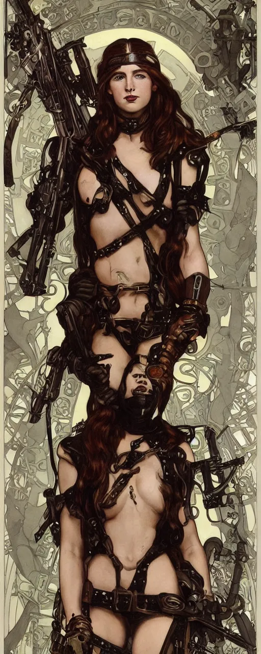 Image similar to striking sensual industrial art nouveau style portrait of kitty pryde as an ironpunk black metal rebel soldier by micgael kaluta, simon bisley and alphonse mucha, photorealism, extremely hyperdetailed, perfect symmetrical facial features, perfect anatomy, ornate declotage, weapon, latex, excited expression, wild eyes