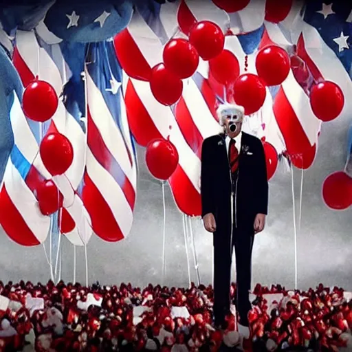 Prompt: Pennywise the clown (2017) giving an official speech as president of the USA in front of the USA flag, 4K realistic award-winning