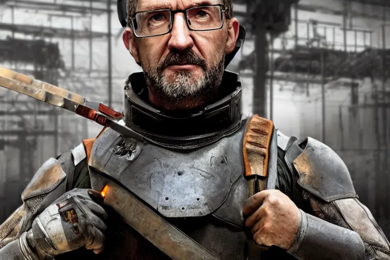 Image similar to vfx movie closeup real life gordon freeman holding wearing futuristic armor, half life logo on chest, crowbar in russian train yard by emmanuel lubezki